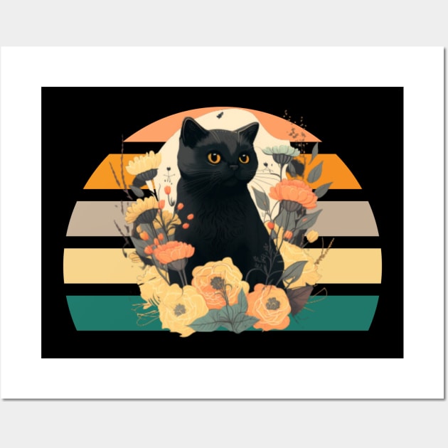 Black cat with flowers Wall Art by Clouth Clothing 